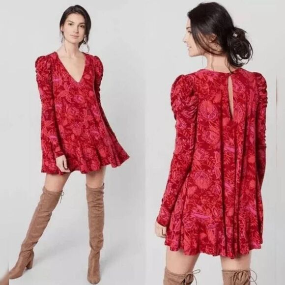 Free People Dresses & Skirts - ❌FREE PEOPLE Hello Lover Mini Dress Floral Red XS Puff Sleeve Keyhole Back